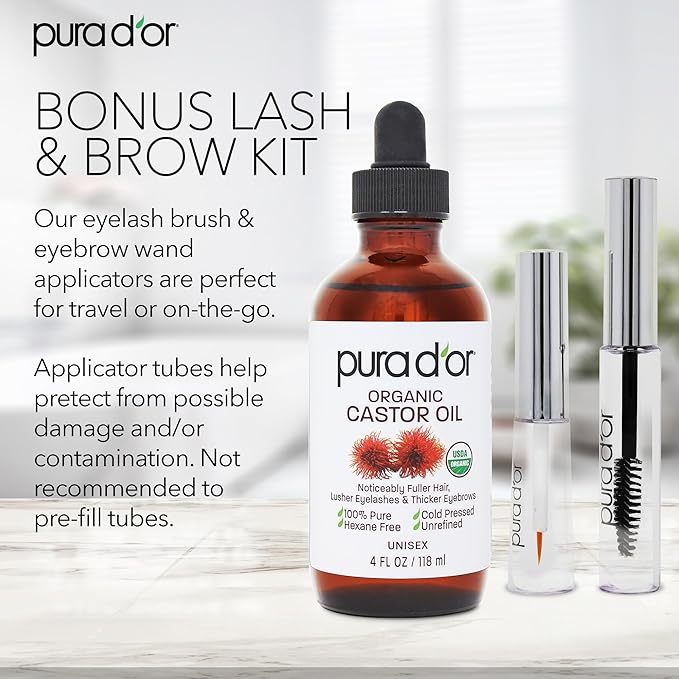 PURA D'OR 4 Oz ORGANIC Castor Oil - w/ 2 BONUS Empty Brushes - 100% Pure USDA Certified Cold Pressed, Hexane Free Eyelash & Eyebrow Serum - For Fuller, Thicker Lashes & Brows - Skin & Hair
