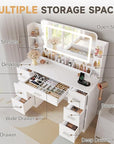 YESHOMY 43.3''Vanity Desk with LED Mirror & Power Outlet, 7 Drawer Makeup Vanity with Side Shelves, Lighted Dressing Table for Bedroom(White