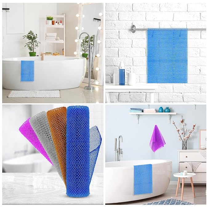 4 Pieces Exfoliating Washcloth Shower Towel African Net Sponge Japanese Wash Cloth Face Exfoliating Sponge Loofah Exfoliating Body Scrubber for Body Exfoliation (Brown, Blue, Purple,Grey)