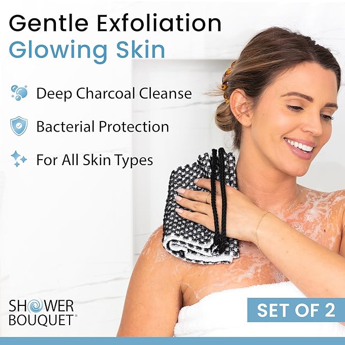 Japanese Exfoliating Washcloth for Back & Body 2-Pack - Charcoal & Silver Ion Exfoliating Towel with Handles - Two-Sided Gentle Exfoliation & Deep Cleanse Body Wash Cloths for Shower - 2 White