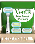 Gillette Venus Platinum Extra Smooth Metal Handle Women's Razor Handle + 4 Blade Refills, Pivoting Head and Ribbon of Moisture