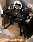 Vanity Desk with 4 Storage Drawers - Modern Makeup Vanity Table with Charging Station, Black Vanity Desk with Reversible Cabinet Dressing Table Set with Divided Organizers for Women Girls, Black