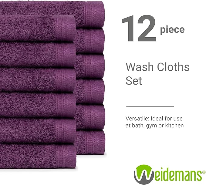 100% Cotton Washcloths Set 13” x 13” | Plum Towels | Set of 12 Ultra Soft and Highly Absorbent Washcloths Sets for Bathroom, Gym, Hotel, Spa | Machine Washable Face Towel