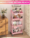 Goovilla 4 Tier Rolling Utility Cart Organizer with Removable Drawer, Stable and Sturdy Pink Rolling Storage Carts with 2 Lockable Wheels for Bathroom, Kitchen, Snack, Craft, Makeup, Baby Essentials