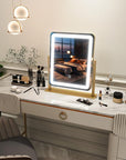 FENNIO Vanity Mirror with Lights - 15"x12.6" LED Lighted Makeup Mirror, Large Makeup Mirror with Lights, Touch Screen with 3-Color Lighting, Dimmable, for Vanity Desk Tabletop, Bedroom Gold