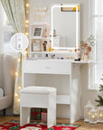 Haewon Small Vanity Desk with LED Mirror and Charging Station, Makeup Vanity Set with Storage Chair, White Compact Dressing Table with Fold-up Panel, Drawer and Shelves for Bedroom
