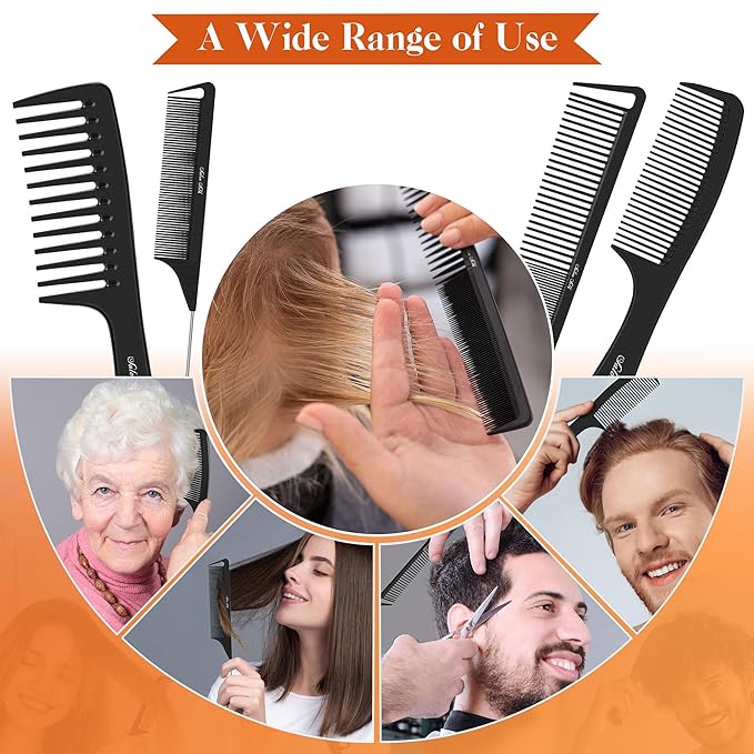 SALONSILK 4PCS Professional Comb Set, Wide Tooth Rat Tail Fine Tooth Hair Combs, Braiding Cutting Barber Styling Curly Parting Set for Men and Women