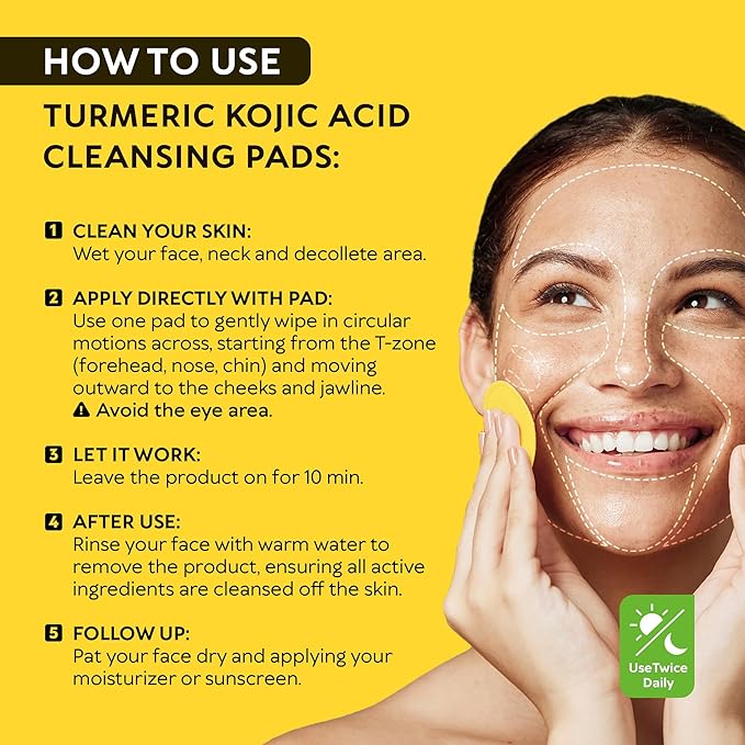 Turmeric Kojic Acid Cleansing Pads - Exfoliating Turmeric Pads for Face Dark Spots, Discoloration - Daily Skin Care for Men & Women - Natural Glow Facial Wash