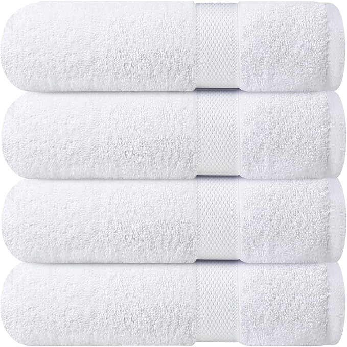 Infinitee Xclusives Luxury 100% Ring-Spun Cotton White Bath Towels Set of 4 (27x54 inches) – Soft, Absorbent & Quick-Drying Towels for Bathroom, Gym, Spa & Hotel Use (Brilliant White, Bath Towels)