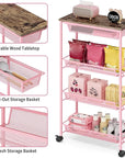 KINGRACK 4-Tier Slim Storage Cart, Metal Rolling Cart, Organizer with Wooden Tabletop and Drawer Basket, Mobile Shelving Unit for Kitchen, Bathroom, Laundry Room, Pink