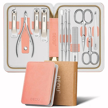DEOU Professional Nail Set 11 in 1 stainless steel home care nail clippers, men's luxury travel leather storage box, women's beauty kit (Pink)