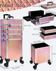 5 in 1 Rolling Makeup Train Case on Wheels Large Cosmetic Organizer Travel Cart for Women Beauty Salon Barber Hairstylist Pink