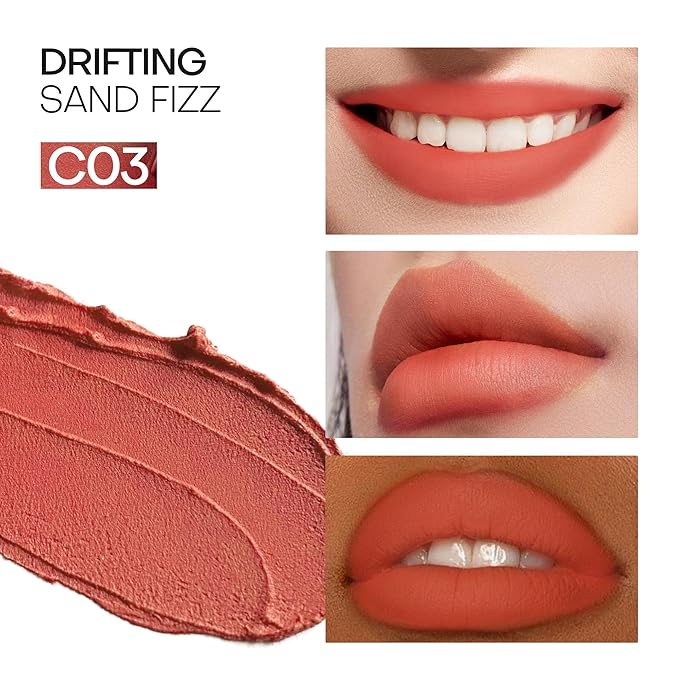 Mistine Lipstick Thai Latte Sheer Creamy Rouge Velevt Matte Finish Lipstick for Women Non-sticky C03 Drifting Sand Fizz 3.5g 1 Count