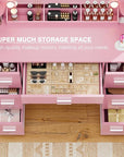 YESHOMY Vanity Desk with Large Lighted Mirror, Power Outlet and 11 Lights, Makeup Table with 7 Drawers and 3 Desktup Storage Units, 3 Color Modes Available for Bedroom, Pink