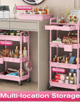 Goovilla Rolling Makeup Organizer Cart with Removable Drawer, 4 Tier Stable Pink Floor Skincare Storage Cart for Vanity, Cosmetic Display, Nail Polish, Perfume, Hair Stuff, Beauty, Bathroom(Plastic)
