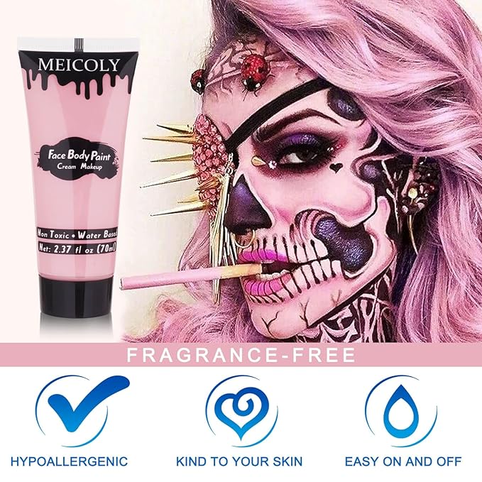 MEICOLY Light Pink Halloween Face Body Paint,2.37Oz Large Tube Water Based Body Paint for Adults and Children,Pastel Pale Pink Face Paint for Stage SFX Special Effects Cosplay Makeup