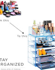 Sorbus Acrylic Makeup Organizer Set, 6-Drawer Vanity & Countertop Cosmetic Storage with Small & Wide Compartments, Blue Brilliance Makeup Storage for Brushes, Jewelry – Holiday Gift for Women & Teens
