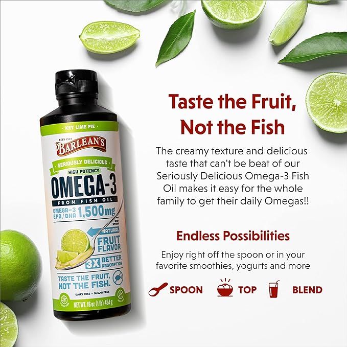 Barlean's Key Lime Pie High Potency Omega 3 Fish Oil Liquid Supplement, 1500mg of EPA& DHA Fatty Acid, Smoothie Flavored & Burpless for Brain, Joint, & Heart Health, 8 oz