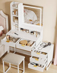 GarveeHome White Vanity Makeup Desk, Vanity Set with Mirror and 3-Mode Lights, 5 Drawers Vanity Table with Removable Side Storage Cabinet, Stool for Bedroom
