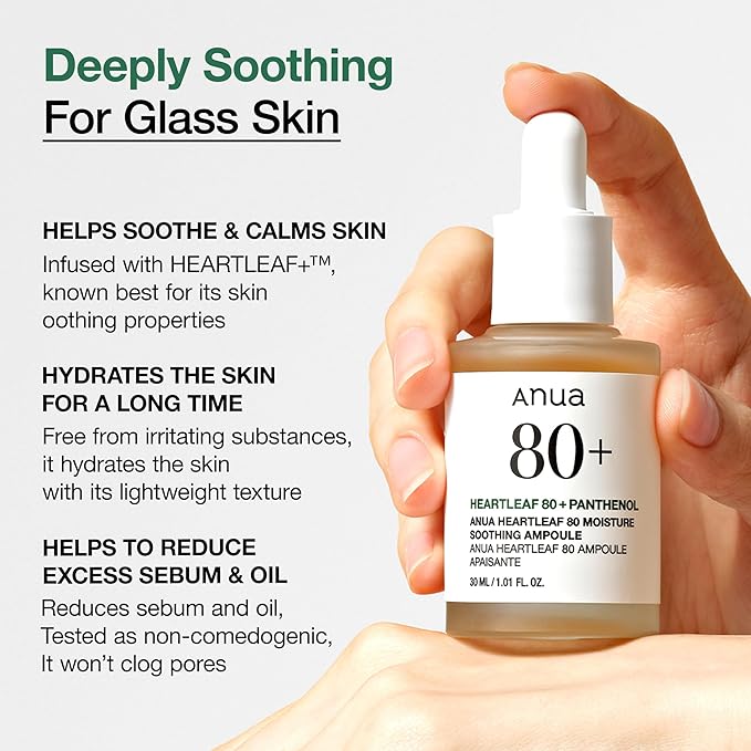 Anua Heartleaf 80 Soothing Ampoule, Hydration Facial Serum for Glass Skin, Panthenol, Hyaluronic Acid, Non-Greasy, Gentle Formula, Lightweight Essence, Vegan, Korean Skin Care, 30ml/1.01 fl.oz