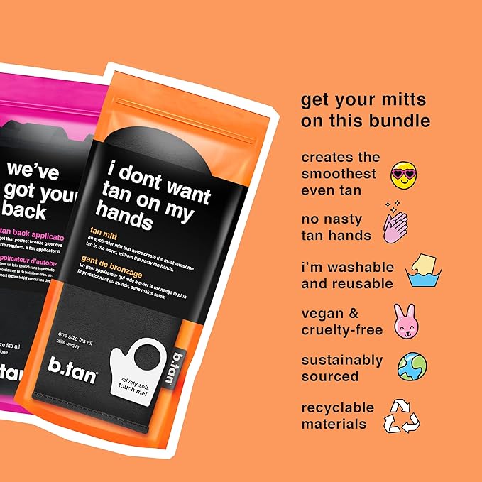 b.tan Back + Body Self Tanning Mitt Applicator Kit | Get Your Mitts on This Bundle - Streak-Free, Velvety Soft, Reusable & Washable Back + Body Applicator Mitt for Self Tan, Lotion, Sprays, Gels