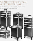 5 in 1 Professional Makeup Train Case Aluminum Cosmetic Case Rolling Makeup Case ExtraLarge Storage Organizer with Key Swivel Wheels Salon Barber Case for Make Up Nail Hairstylists, Black