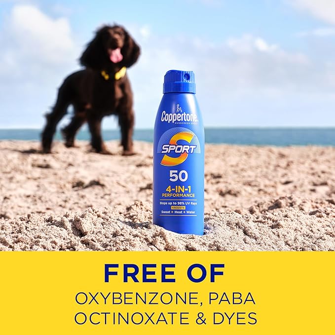 Coppertone Sport Sunscreen Spray SPF 50, Sweat, Heat and Water Resistant Sunblock, Lightweight, Oxybenzone Free, Spray Sunscreen Bulk Pack, 5.5 Oz Bottle, Pack of 3 (Packaging May Vary)