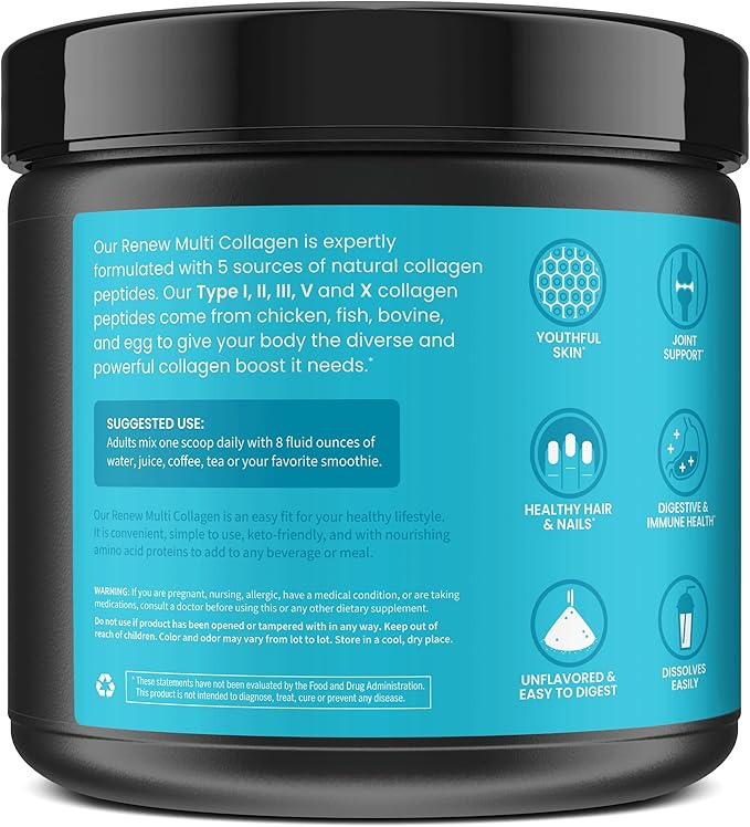 WellPath Renew Multi Collagen Protein Powder for Women | Hair, Nails, Skin | Hydrolyzed Grass-Fed Bovine, Marine, & Chicken Sources Collagen Peptides | Types I, II, III, V, X | 11 oz | 40 Servings