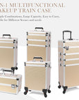 Professional Rolling Makeup Case with Wheels, 5-in-1 Makeup Train Case, Cosmetic Makeup Trolley Cart Travel Cosmetology Case On Wheels with Key for Hairstylists, Nail Tech (Gold Crystal)