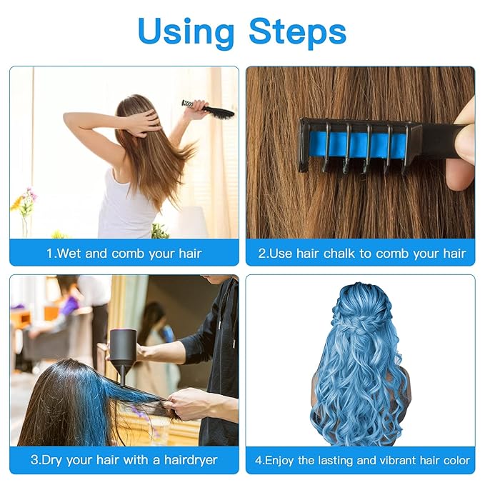 MSDADA New Hair Chalk Comb Temporary Hair Color Dye for Girls Kids with Light Color Hair, Washable Hair Chalk for Girls Age 4 5 6 7 8 9 10 Birthday Cosplay DIY, Christmas, New Year (Blue & Purple)