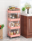 Sywhitta 4-Tier Plastic Rolling Utility Cart with Handle, Multi-Functional Storage Trolley for Office, Living Room, Kitchen, Movable Storage Organizer with Wheels, Pink