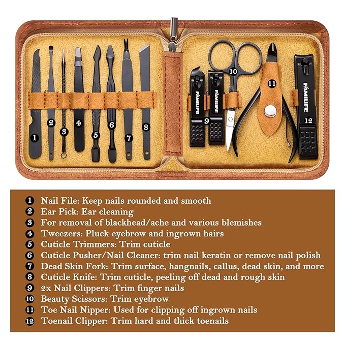 FAMILIFE Manicure Set, Professional Manicure Kit Nail Clipper Set Stainless Steel Pedicure Tools Kit with Leather Travel Case for Women Girl Men (Brown)