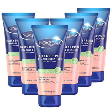 Noxzema Ultimate Clear Daily Deep Pore Oil-Free Cleanser for Soft, Smooth Skin Daily Face Wash for Women and Men, Facial Cleanser for Acne Prone Skin, 6 Oz Ea (Pack of 6)