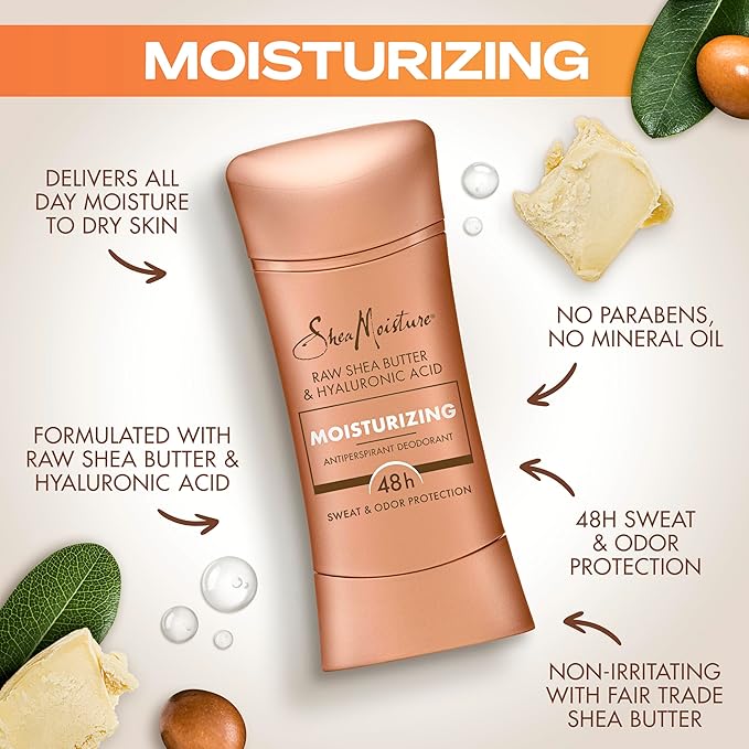 SheaMoisture Antiperspirant Deodorant Stick Moisturizing Raw Shea Butter & Hyaluronic Acid 2 Count for 48HR Sweat & Odor Protection with No Parabens & No Mineral Oil 2.6 oz