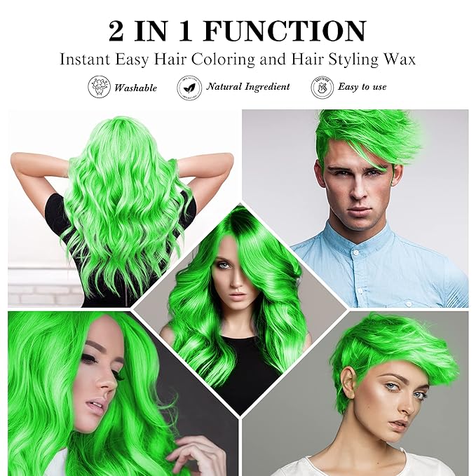 Temporary Green Hair Spray Color Wax 4.23 oz, Instant Natural Hairstyle Cream Dye, Disposable Coloring Mud for Men Women Youth, Washable Styling Pomades, Party Cosplay DIY Halloween
