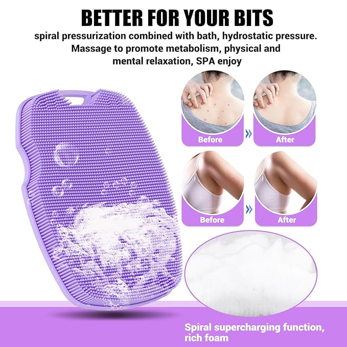 Zinc Infused Silicone Body Scrubber for Shower,Food-Grade Handheld Cleansing Skin Brush, Gentle Exfoliating and Lather Well - Purple