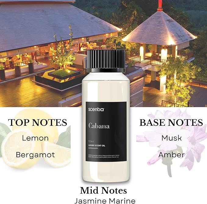 Scentia Hotel Diffuser Oil Inspired by 5-Star Hotel Scent - 120 mL 4.06 fl oz - Essential Oil Blend Botanical Jasmine, Bergamot & Fresh Notes for Aromatherapy Diffusers - Cabana, Thanksgiving Gift