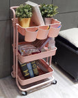 3-Tier Multifunction Rolling Cart Utility Storage Shelves Cart with Hanging Cup Lockable Wheels and Handle for Office Living Room Kitchen Bathroom (Pink)