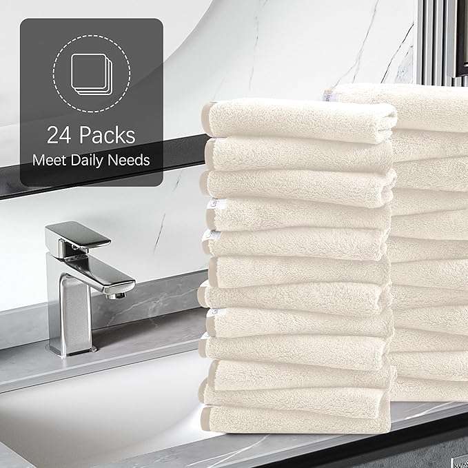 Cosy Family 24 Pack Soft Washcloths Set - 12 x 12 inches, Quick Drying - Highly Absorbent Coral Velvet Fingertip Towel Bathroom Wash Clothes for Bath, Spa, Facial, Kitchen - Cream
