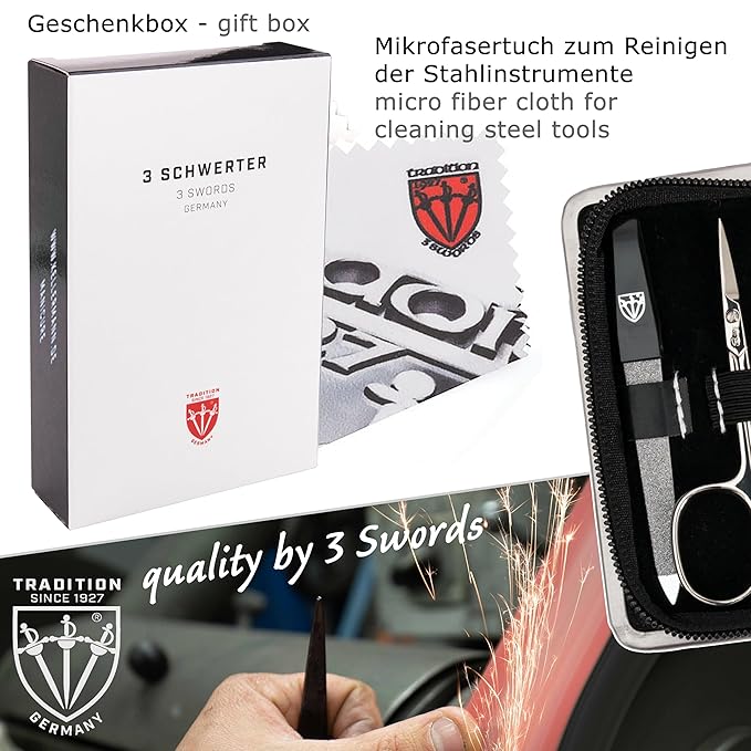 3 Swords Germany - brand quality 6 piece manicure pedicure kit set for professional finger & toe nail care with synthetic leather case - Made in Germany - black