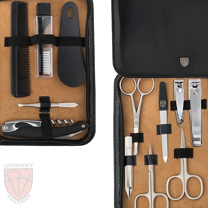 3 Swords Germany - brand quality 12 piece manicure pedicure grooming kit set for professional finger & toe nail care scissors clipper fashion leather case in gift box, Made by 3 Swords (00798)