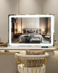 ROLOVE Vanity Mirror with Lights, 32" x 22" Large Lighted Vanity Mirror with Dimmable 3 Modes, LED Makeup Mirror, Touch Screen Control, USB Charging Port, Tabletop or Wall-Mounted