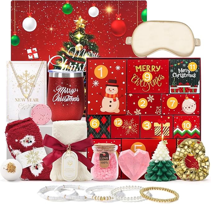 Advent Calendar 2025 Women-12 Days of Christmas Advent Calendars for Adult Women and Teen Girls, Luxury Spa Self Care Christmas Gifts Basket Countdown Calendar for Mom Wife Girlfriend Red