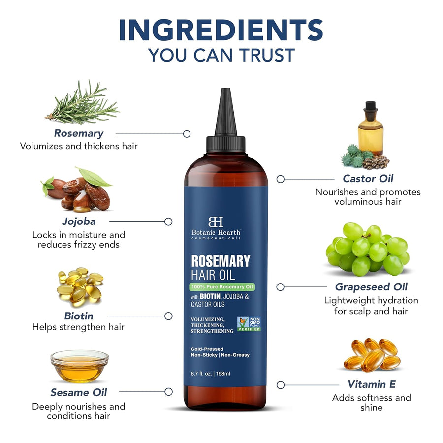 Botanic Hearth 100% Pure Rosemary Oil For Hair Growth (6.7 fl oz) Infused With Biotin, Jojoba & castor Oil | Nourishing & Volumizing | Non GMO Verified