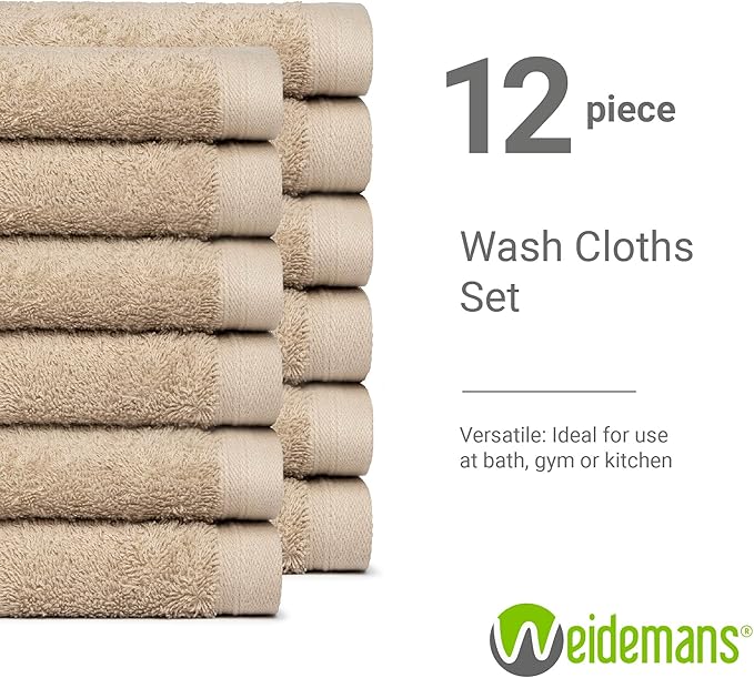 100% Cotton Washcloths Set 13” x 13” | Sand Towels | Set of 12 Ultra Soft and Highly Absorbent Washcloths Sets for Bathroom, Gym, Hotel, Spa | Machine Washable Face Towel