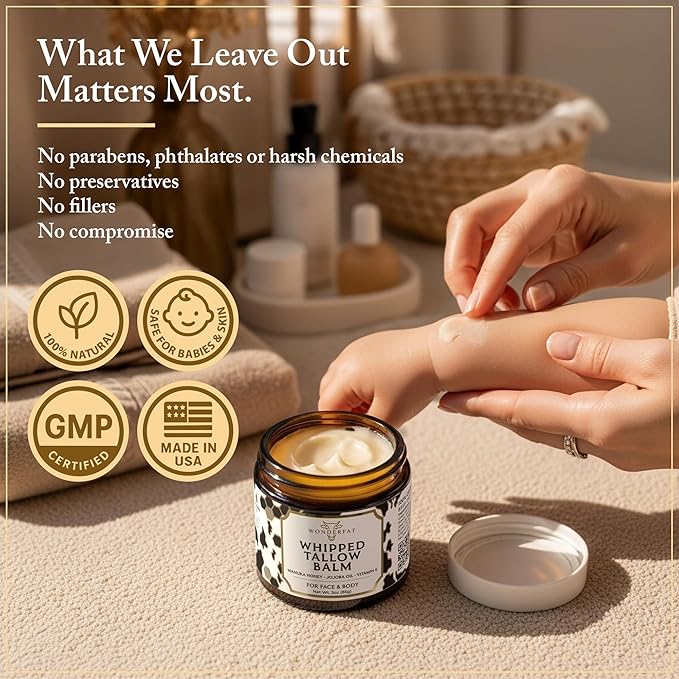 Beef Tallow for Skin & Face – Whipped Tallow & Honey Balm – 100% Grass Fed Tallow Face Moisturizer with Mango Butter, Jojoba Oil, Vitamin E – Organic Beef Tallow Balm for Dry Skin & Wrinkles – 3 oz