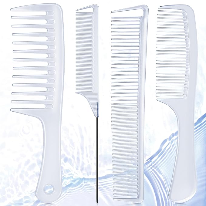 SALONSILK Combs for Women and Men, 4PCS Translucent Professional Comb Set, Wide Tooth Rat Tail Fine Tooth Set for All Hair Types