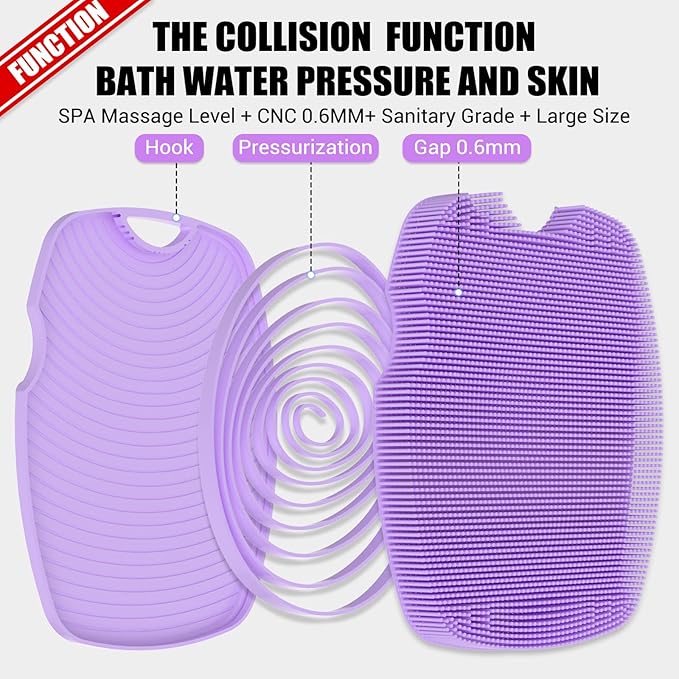 Zinc Infused Silicone Body Scrubber for Shower,Food-Grade Handheld Cleansing Skin Brush, Gentle Exfoliating and Lather Well - Purple