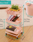3-Tier Multifunction Rolling Cart Utility Storage Shelves Cart with Hanging Cup Lockable Wheels and Handle for Office Living Room Kitchen Bathroom (Pink)