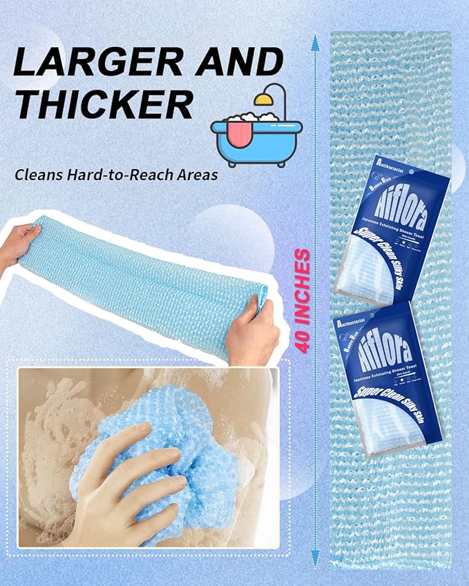3D Wave Weave Japanese Exfoliating Washcloth, Long Exfoliating Back Scrubber for Shower, Hygienic Body Scrub Towel, Korean Style, Aqua (Normal)